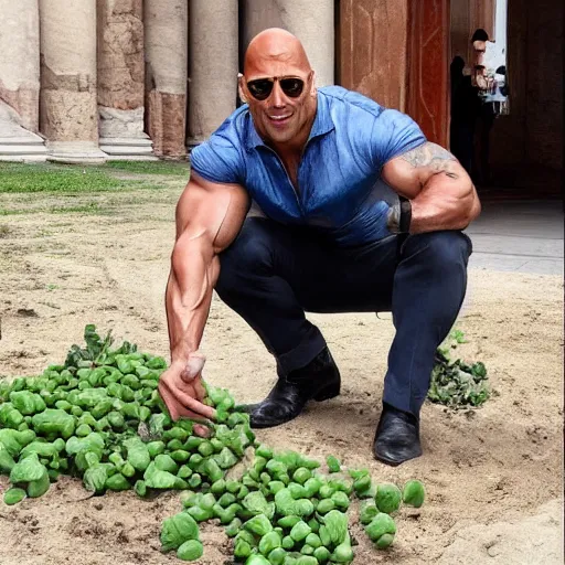 Prompt: dwayne johnson dressed as an electrician planting peas in ancient rome, portrait