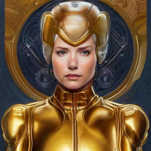 Prompt: Portrait of Samus Aran with golden armor drawn by Donato Giancola and Tom Bagshaw, face by Artgerm, overall design by Alphonse Mucha, background by James Jean and Gustav Klimt, light by Julie Bell, 4k, porcelain skin, komorebi, french nouveau, trending on artstation, octane render, hyperrealistic