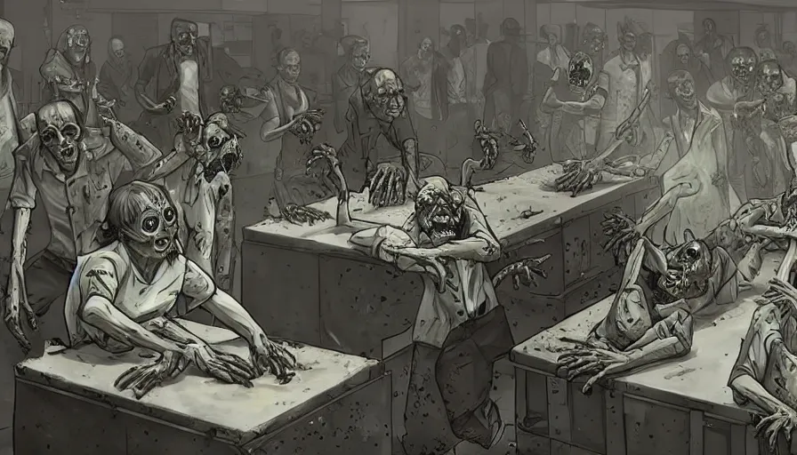 Prompt: zombies working in a morgue. trending on artstation