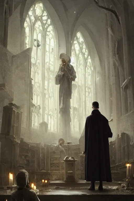 Image similar to A priest is trying to punish God for the death of his sister. He is getting ready to burn down the church, when supernatural forces start to torture him, horror, illustrated by Greg Rutkowski and Caspar David Friedrich., Trending on artstation, artstationHD, artstationHQ, 4k, 8k