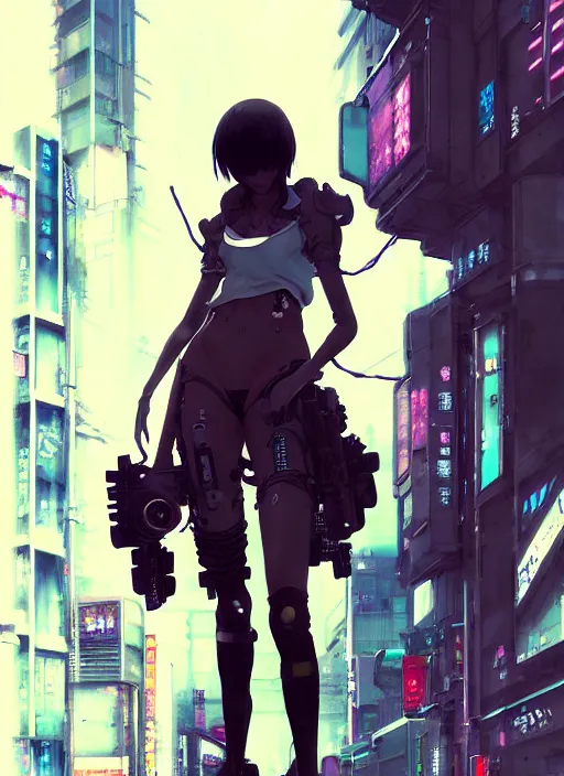 Image similar to hyper - realistic cyberpunk anime girl standing on tokyo street, extreme detail, alluring, in style of yoji shinkawa, pan ren wei, col price, atey ghailan, by greg rutkowski, by greg tocchini, by james gilleard, by joe fenton, by kaethe butcher, grunge aesthetic