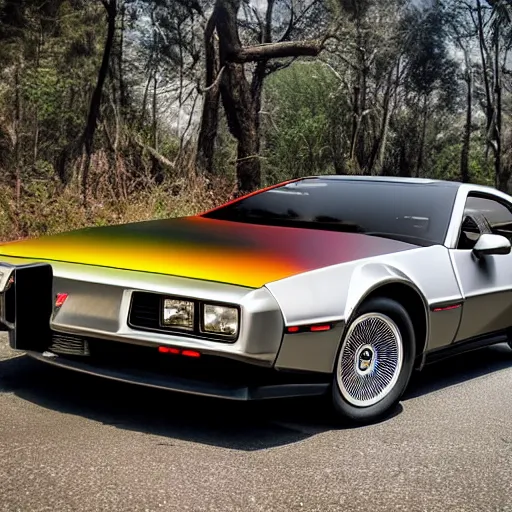 Image similar to knightrider pontiac firebird chasing the back to the future delorean, cinematic, delorean leaves fire trails behind