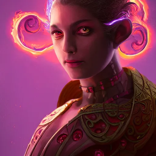 Prompt: A professional digital portrait painting of a young adult female tiefling with (skin that looks like fire), dressed in light armor, 4k, digital art, trending on cgsociety, highly detailed, paint by Wes Anderson, head and shoulders shot, shallow depth of field, purple and yellow lighting, professional lighting, airbrush, Hayao Miyazaki