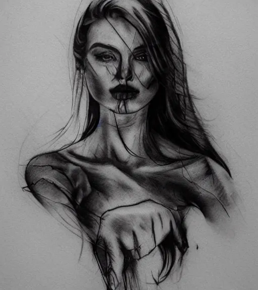 Image similar to tattoo design sketch of an extremely beautiful woman face next to a faded background of beautiful mountains on her side, hyper - realistic, double exposure effect, in the style of den yakovlev, amazing detail, black and white, faded