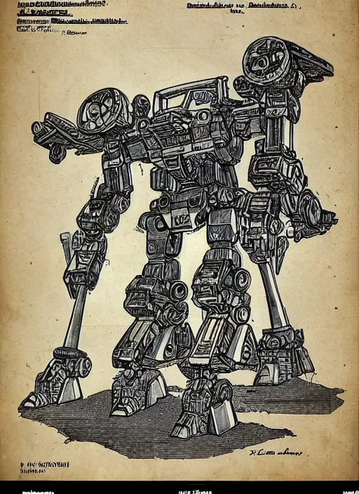 Image similar to battletech mech with axe for a hand cross - section blueprints by thomas hubert. in the style of a 1 9 0 3 patent design diagram