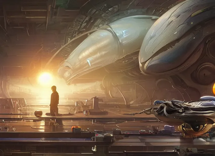 Prompt: alien space cat sleeping on a mechanics workbench in a spaceport with their android owner repairing a ship in the background in a space opera ghibli animated film, volumetric lighting, octane render by stanley artgerm lau, greg rutkowski, thomas kindkade, alphonse mucha, loish, norman rockwel, highly detailed