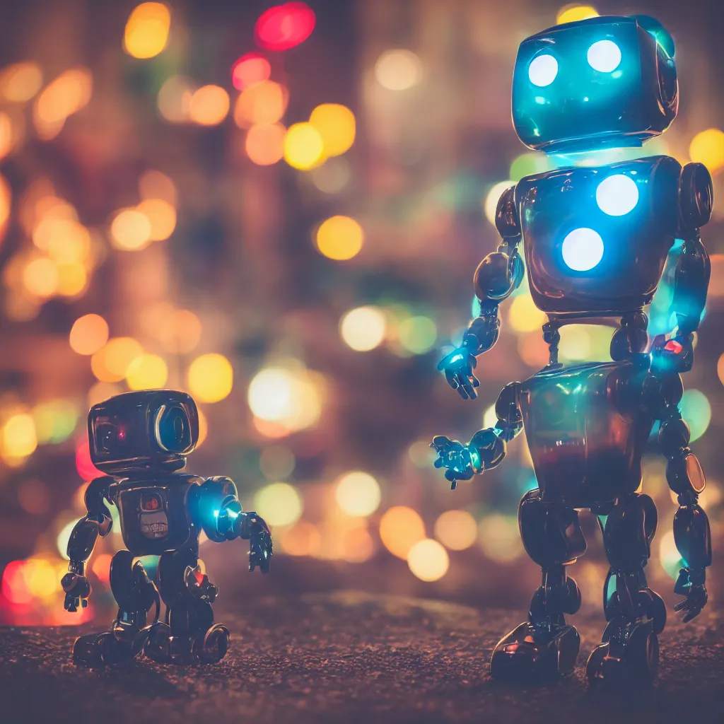 Image similar to high quality presentation photo of a retro toy robot with glowing eyes, photography 4k f1.8 anamorphic bokeh 4k Canon Nikon