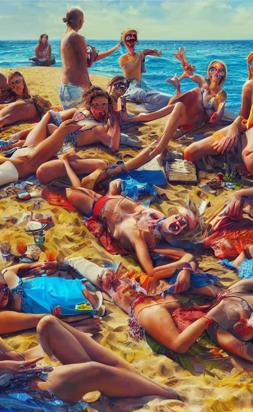Prompt: beautiful detailed photorealistic painting of a group of friends dressed as zombies on holiday, sunbathing on the beach, wearing sunglasses. it looks beautiful and fun. the friends are happy and having fun. vibrant, high quality, vibrant colors, very funny, beautiful, hq. hd. 4 k. award winning. trending on artstation
