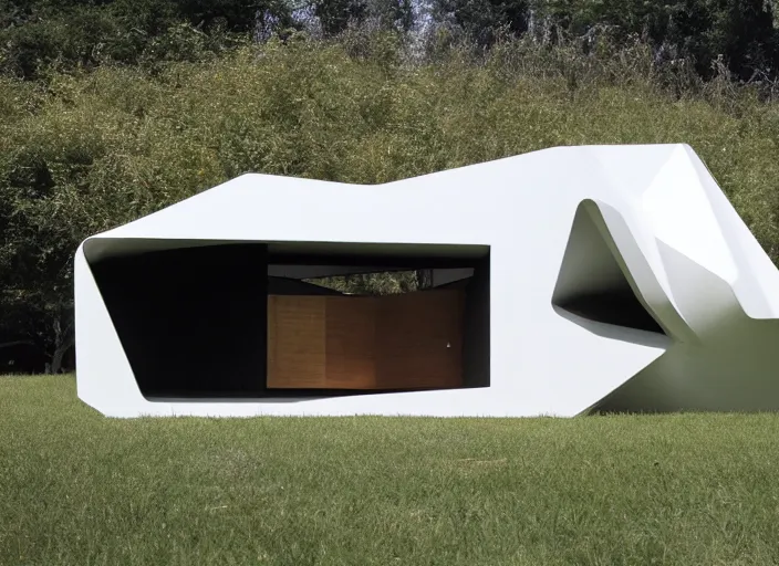 Prompt: architectural photo of a doghouse designed by zaha hadid