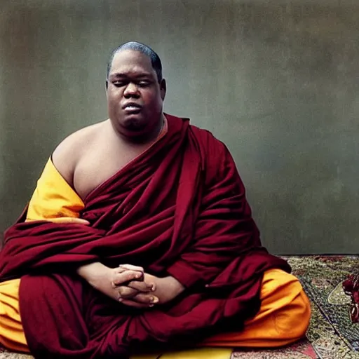Image similar to in this detailed photography from Annie Leibovitz we can see the Notorious BIG, a buddhist monk who turned into the new Dalai Lama