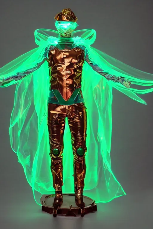 Image similar to full-body rococo and cyberpunk style mint neon and ceramic statue of a muscular attractive Spanish android god humanoid wearing a thing see-through plastic cloak sim roupa, posing like a super hero, suspended to the wall thick clear cables around his wrists, glowing mint face, crown of red steampunk lasers, emeralds, swirling silver silk fabric. futuristic elements. oozing glowing liquid, full-length view. space robots. human skulls. throne made of bones, intricate artwork by caravaggio. Trending on artstation, octane render, cinematic lighting from the right, hyper realism, octane render, 8k, depth of field, 3D