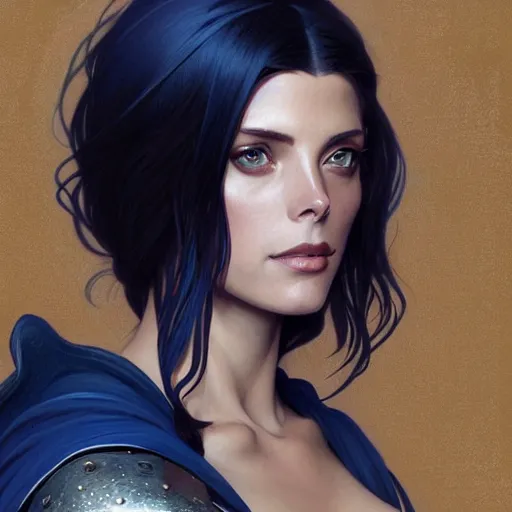 Image similar to Ashley Greene with dark blue hair as Joan of Arc, western, D&D, fantasy, intricate, elegant, highly detailed, digital painting, artstation, concept art, matte, sharp focus, illustration, art by Artgerm and Greg Rutkowski and Alphonse Mucha