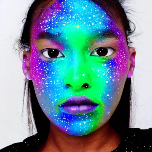 Prompt: photo of a person with galaxy coloured skin