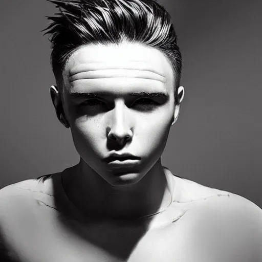 Image similar to “a realistic detailed photo of a guy who is an attractive humanoid who is half robot and half humanoid, who is a male android, Brooklyn Beckham, shiny skin, posing like a statue, blank stare”