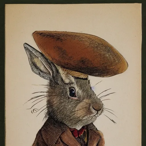 Image similar to a rabbit wearing a deerstalker hat and a brown coat, in the style of carl larsson