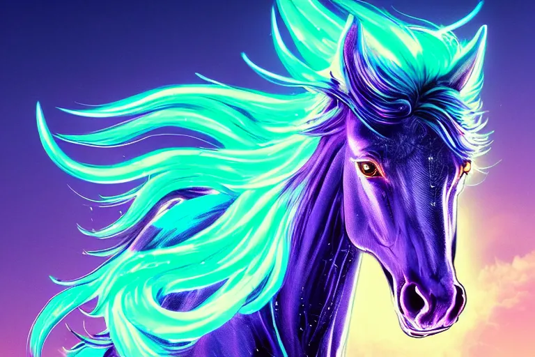 Image similar to a stunning horse with bioluminescent mane and tail running in the clouds by sandra chevrier and greg rutkowski, neon hooves, purple blue color scheme, vaporware, retro, outrun, high key lighting, volumetric light, digital art, highly detailed, fine detail, intricate, ornate, complex, octane render, unreal engine, photorealistic