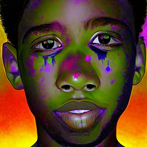 Image similar to smile of glitch eyes Black boy artstation, ultradetailed, digital Painting, by James gurney and Pipilotti Rist