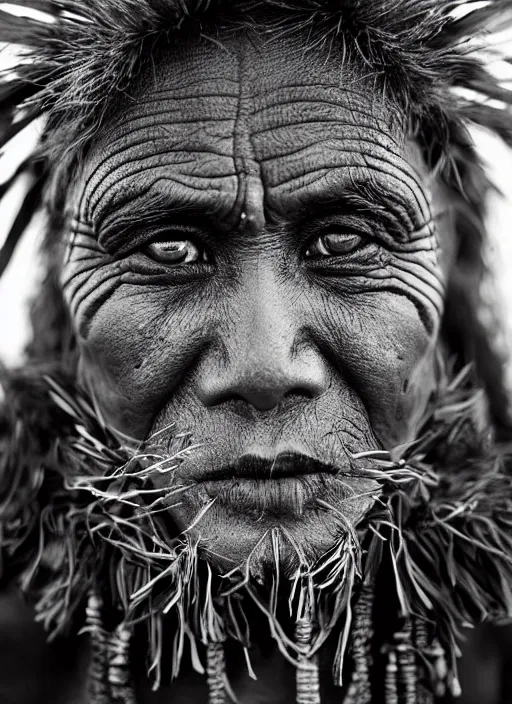 Image similar to Award winning Editorial photo of a Native Kiribati with incredible hair and beautiful hyper-detailed eyes wearing traditional garb with a Bokikokiko by Lee Jeffries, 85mm ND 5, perfect lighting, gelatin silver process