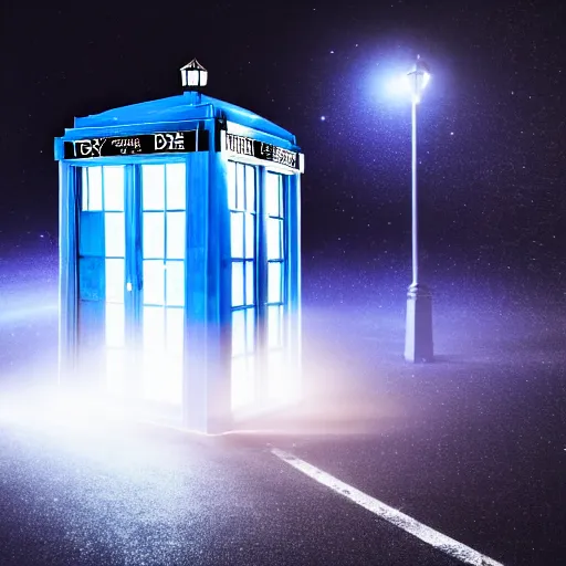 Image similar to a hyperdetailed photograph of the tardis sat on a futuristic street corner, night, dense fog, rain, hd, 8 k resolution