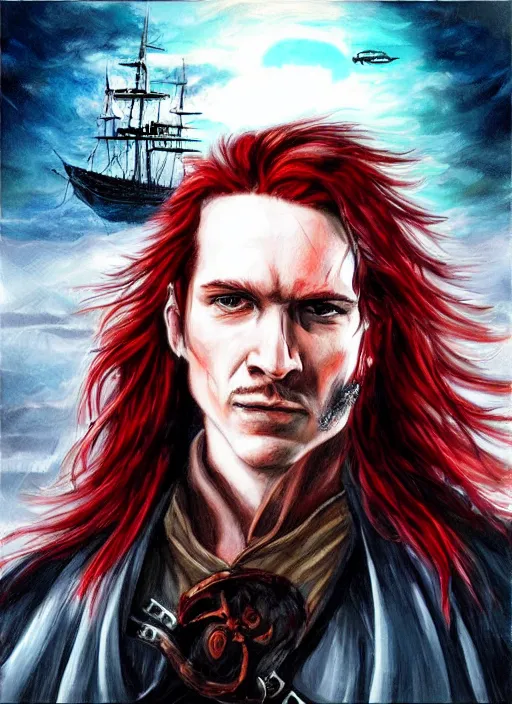 Prompt: epic fantasy portrait painting of a long haired, red headed male sky - pirate in front of an airship in the style of the matrix