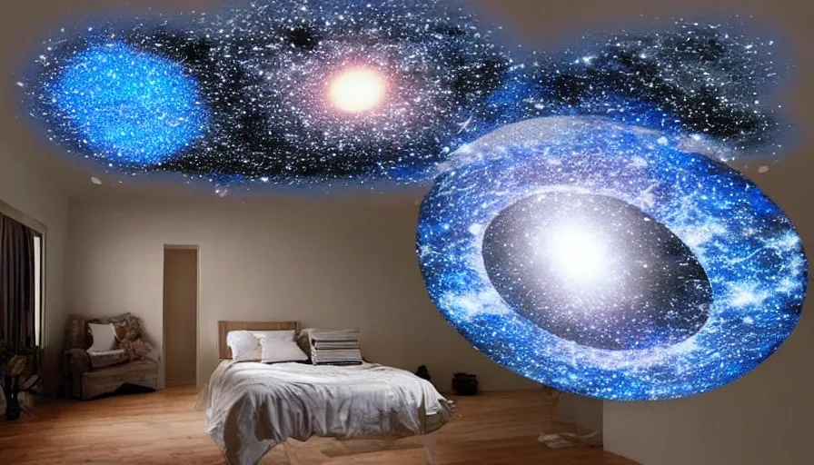 Image similar to diy arts and crafts project of a quatum generator projecting galaxies and black holes on your ceiling, realistic materials, hyperrealistic
