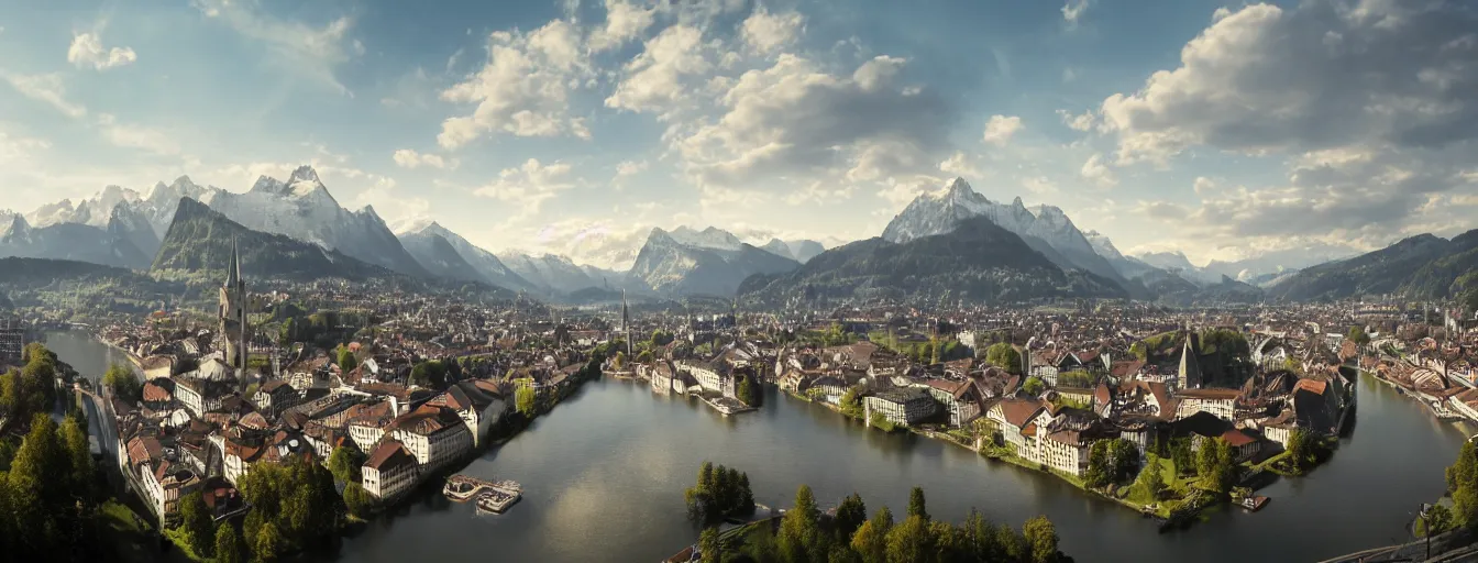 Image similar to Photo of Zurich, looking down the river at the lake and the alps, Hardturm, Grossmünster, wide angle, volumetric light, hyperdetailed, mountain water, artstation, cgsociety, 8k