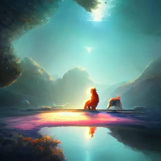 Image similar to Astronauts are riding some mythical animals, they are resting to the side of a reflecting lake, the surface of a planet has a wacky wildlife, some planets and nebulas are as background, by Jordan Grimmer digital art, trending on Artstation,