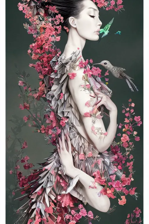 Image similar to full length fashion illustration of a beautiful girl wearing an origami dress, eye - level medium shot, fine floral ornaments in cloth and hair, hummingbirds, elegant, by eiko ishioka, givenchy, by peter mohrbacher, centered, fresh colors, origami, fashion, detailed, serene, dreamy, vogue, japanese, reallusion character creator