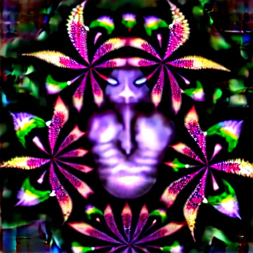 Image similar to a male knight, stern face, clear eyes, shining armour made of steel and flowers, and fractal flowery hair in a fractal garden, glowing delicate flower and ferns that grow in a dark fatansy forest,