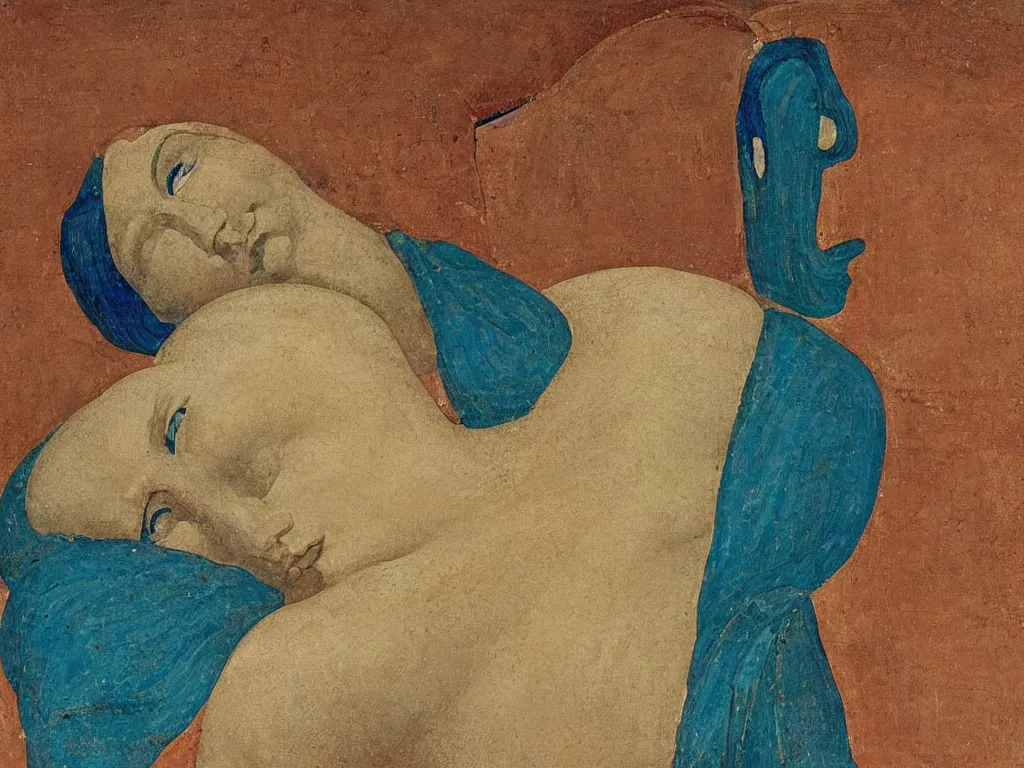 Image similar to greek sculpture head of a lamenting woman lying in the sand. lapis - lazuli, turquoise, malachite, cinnabar, earth brown. painting by piero della francesca, balthus, agnes pelton