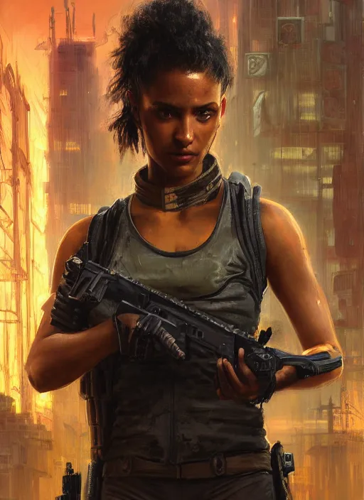 Image similar to 👩🏾🏭. cyberpunk mercenary in a military vest ( blade runner 2 0 4 9, cyberpunk 2 0 7 7 ). orientalist portrait by john william waterhouse and james gurney and theodore ralli and nasreddine dinet, oil on canvas. cinematic, hyper realism, realistic proportions, dramatic lighting, high detail 4 k