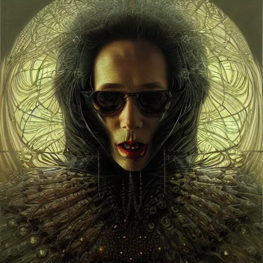 Image similar to hyper detailed masterpiece, beautiful androginous vampire portrait jean giraud, digital art painting, darkwave goth aesthetic, creepy, psychedelic, artgerm, donato giancola, tom bagshaw