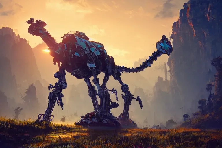 Prompt: tallneck machine mecanical creature robot of horizon forbidden west horizon zero dawn bioluminiscence global illumination ray tracing hdr fanart arstation by ian pesty and alena aenami artworks in 4 k