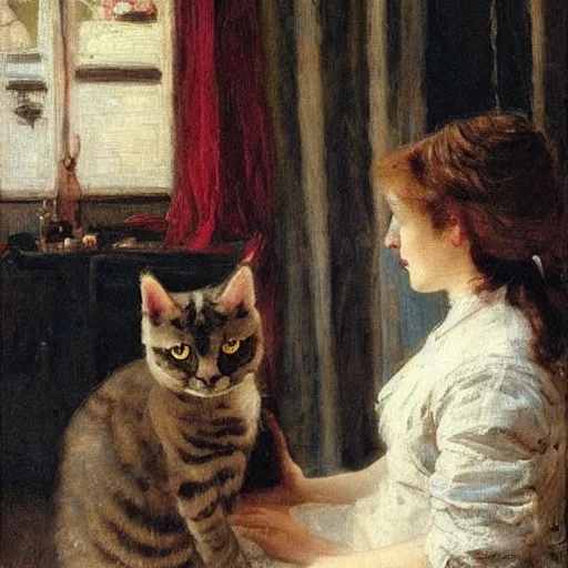 Image similar to young woman petting her cat by alfred stevens