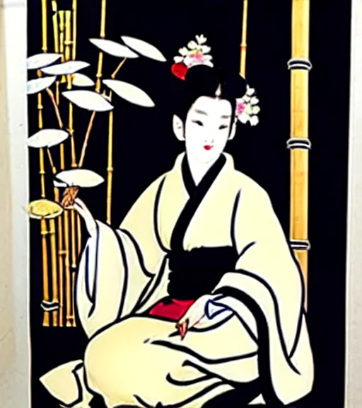 Image similar to madonna the singer in a beautiful kimono holding in her hand a fan, sitting on the floor next to a black and white playing cat, in the background a folding screen with blue irises and a window with bamboo. in the style of bijin - ga.