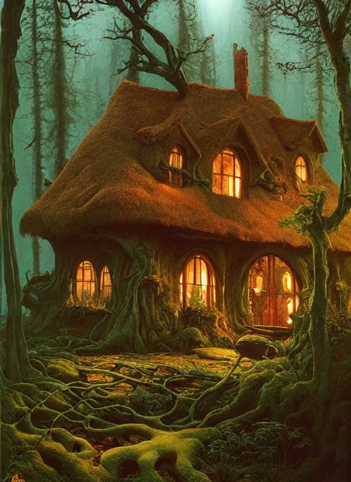 Image similar to hyper realistic witch cottage rococo in the woods gorgeous lighting, highly detailed, lush forest painting by zdzisław beksinski and norman rockwell and greg rutkowskiweta studio, and lucasfilm