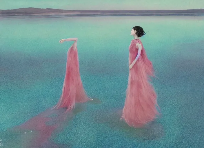 Image similar to lee jin - eun in luxurious dress emerging from pink and turquoise water in salar de uyuni with the ground reflecting the aurora borealis by takato yamamoto, james jean, conrad roset, m. k. kaluta, martine johanna, rule of thirds, elegant look, beautiful, chic, face anatomy, cute complexion