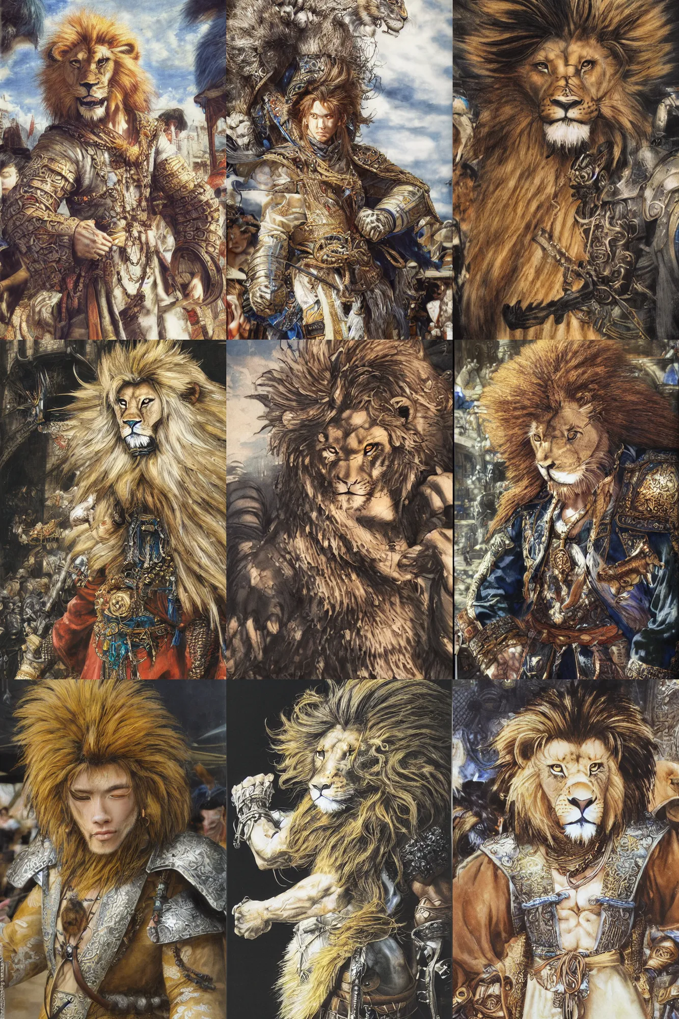 Image similar to 8 k yoshitaka amano painting of upper body of a young cool looking lion beastman with white mane at a medieval market at windy day. depth of field. he is wearing complex fantasy clothing. he has huge paws. renaissance style lighting.