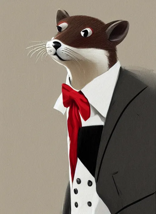 Prompt: Character portrait of a happy furry cartoon anthro stoat wearing a white_dress_shirt, tan_vest, red_bowtie, and black_slacks in the desert wilderness, intricate, elegant, highly detailed, digital painting, artstation, concept art, smooth, sharp focus, illustration, art by Krenz Cushart and Artem Demura and alphonse mucha