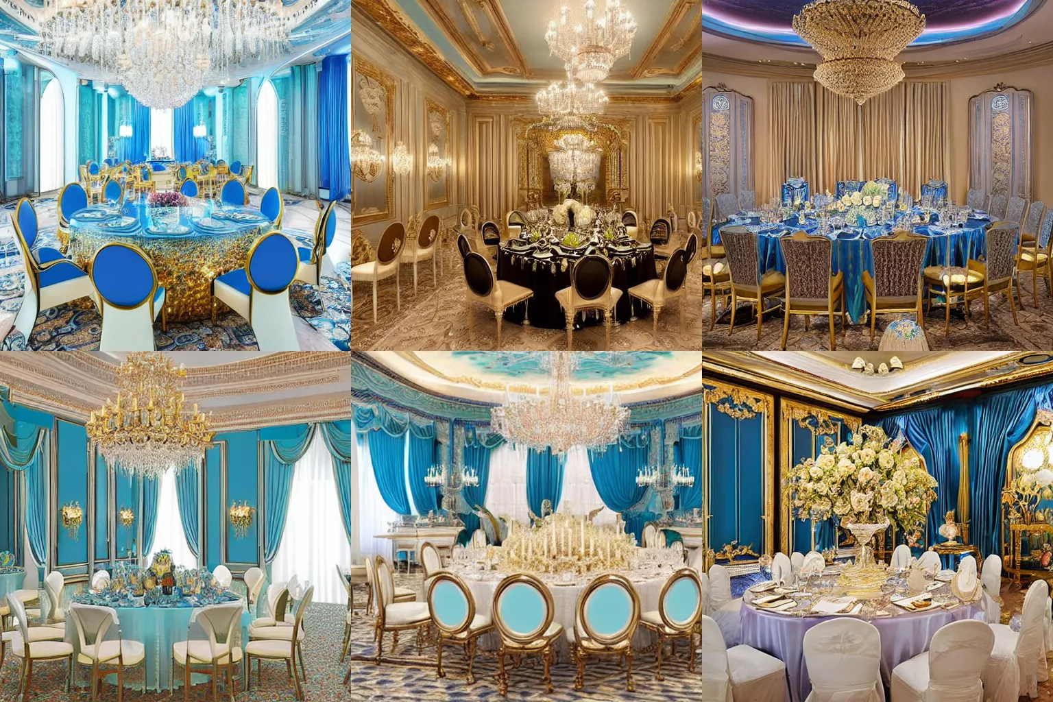 Prompt: a beautiful and elegant room designed with a combination of baroque and nanotechnology styles, large blue gem centerpiece, high tech features, complimentary colors