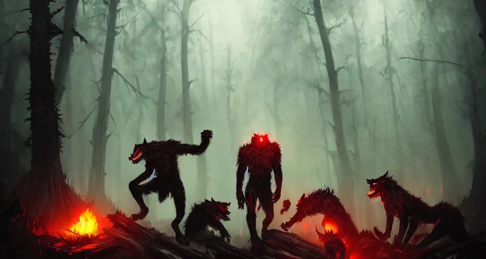 Prompt: demonic hulking werewolves in heavy armor, red glowing eyes, hunting in the forest. in style of greg rutkowski and hyung - tae kim, trending on artstation, dark fantasy, great composition, concept art, highly detailed, dynamic pose, vibrant colours, epic, 8 k.