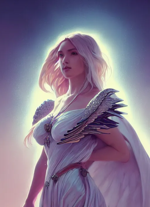 Image similar to one angel, big wings, low key light, full plate armor with cloth, f 1 6, bokeh, extreme close up portrait, gentle, female, mountain, storm, god rays, landscape, d & d, fantasy, elegant, teal pink white gold color palette, concept art, artgerm and greg rutkowski and alphonse mucha