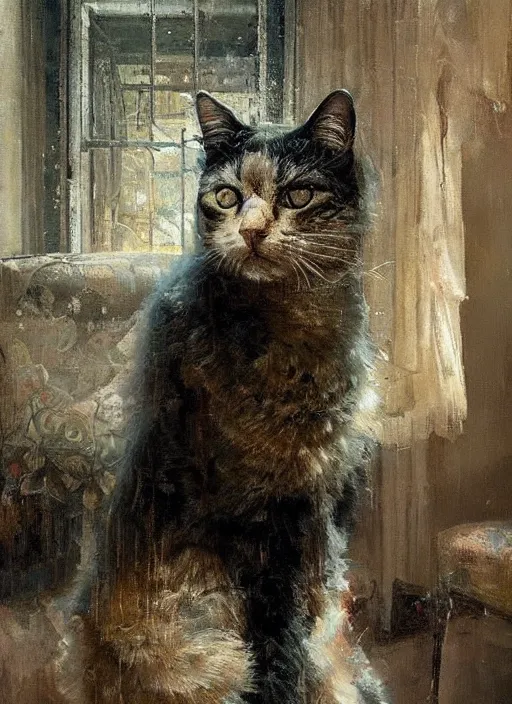 Image similar to a portrait of a cat inside a modern apartment, intricate oil painting, hyperdetailed, ethereal, cinematic, dramatic lighting, by jeremy mann and julius adam ii