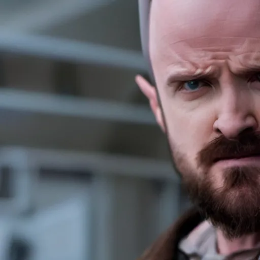 Image similar to Live Action Still of Aaron Paul dressed as Walter White, real life, hyperrealistic, ultra realistic, realistic, highly detailed, epic, HD quality, 8k resolution, body and headshot, film still