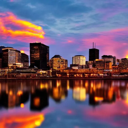 Prompt: Montreal island at sunset, reflection on the river, digital photograph, hyper detailed, unsplash