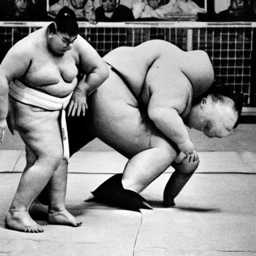 Image similar to a dramatic photograph from a magazine article on L Ron Hubbard's sumo wrestling carrier