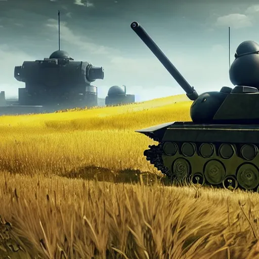 Image similar to a high resolution image from nier : automata, featuring 9 s android fighting an armoured vehicle resembling a russian t 3 4 tank in yellow rye field under pure blue skies