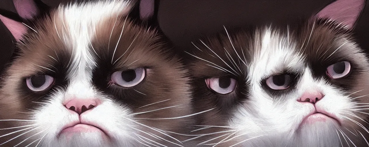 Prompt: grumpy cat with huge sad puppydog eyes, trending on artstation, 30mm, by Noah Bradley trending on ArtStation, deviantart, high detail, stylized portrait H 1280