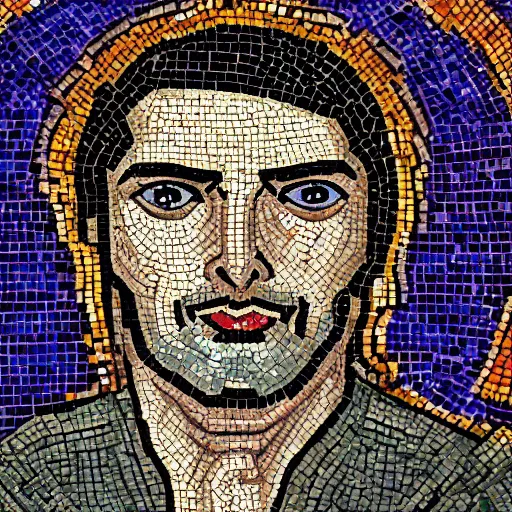 prompthunt: byzantine mosaic of gigachad, perfect face, perfect eyes,  strong jaw, centered, awarded photo, intricated, very detailed, highly  qualified