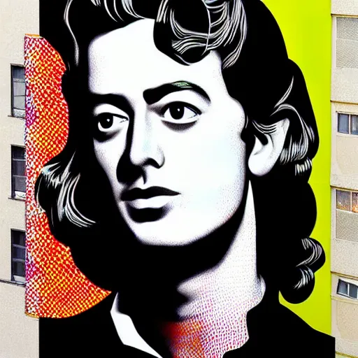 Image similar to Wall mural portrait of Jimmy Page, urban art, pop art, artgerm, by Roy Lichtenstein